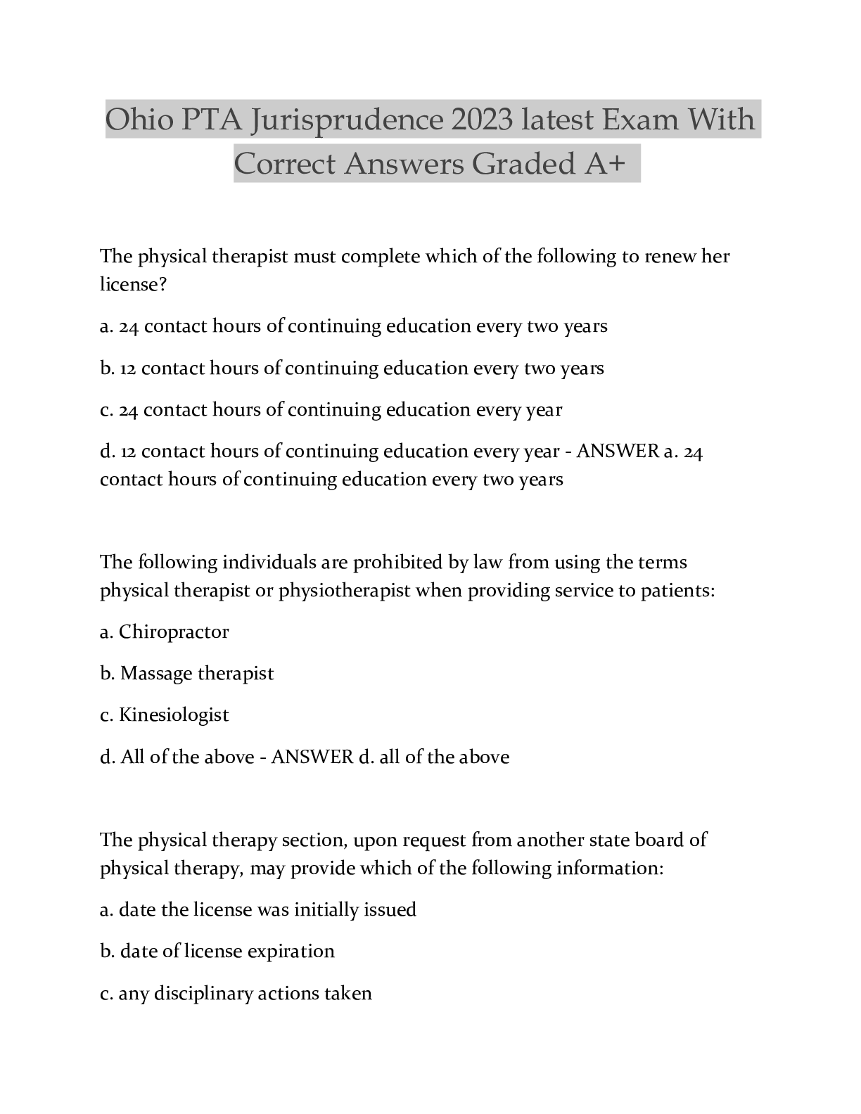Preview of Ohio PTA Jurisprudence 2023 latest Exam With Correct Answers Graded A+
